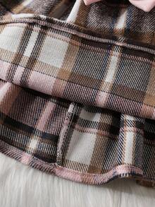 3件套女童休闲可爱保暖套装：简约时尚粉色羊毛保暖外套+格子蝴蝶结连衣裙+蝴蝶结羊毛帽