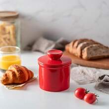 Butter Crock With Water Line For Countertop, French Dish With Lid, Ceramic Keeper For Fresh Spreadable Butter, Container Holder For Kitchen And Home Decor, White - 紅色 - 查看 3