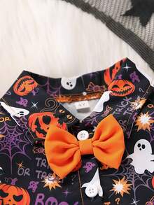 2pcs/Set Young Boy Halloween Pumpkin, Ghost, Spider Web Graphic Full Print Long Sleeve Button-Up Shirt And Pants Set, Casual For Daily, Holiday, Party, Outdoor Wear, Spring/Autumn - Orange - View 4