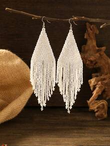 Bead Tassel Drop Earrings - trắng - Xem 1