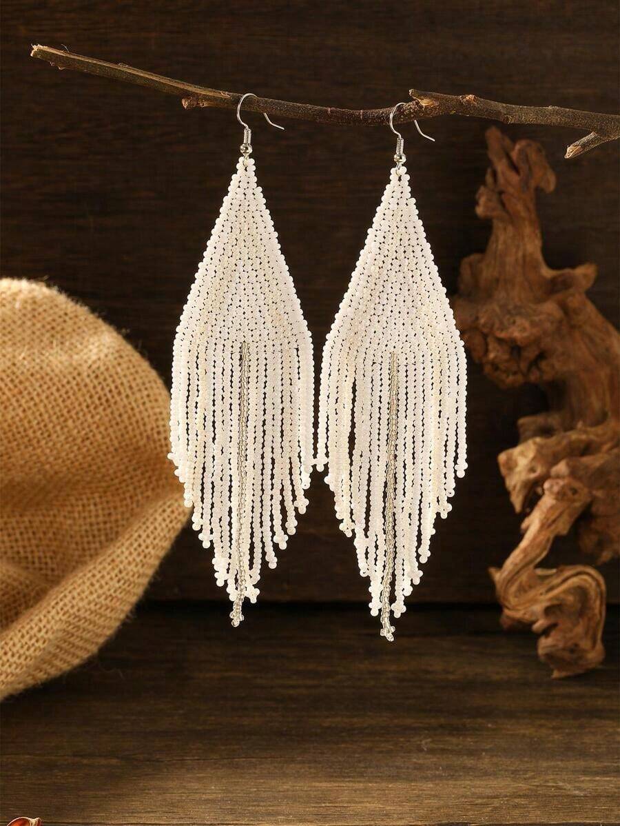 Bead Tassel Drop Earrings - trắng - Xem 1