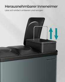 Mülleimer Küche, Mülltrennsystem 3 Fächer, Abfalleimer, 45 Liter Treteimer aus Metall, 3 x 15 Liter, Tretmülleimer mit Deckel, Stahl - Grüngrau-Tintenschwarz - Übersicht 3