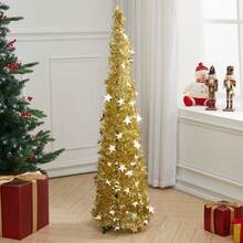 LIVINGANDHOME Living And Home Collapsible 1.2M Pop Up Tinsel Christmas Tree With Base,Christmas Decoration,Xmas Decor Tree - Gold - View 1