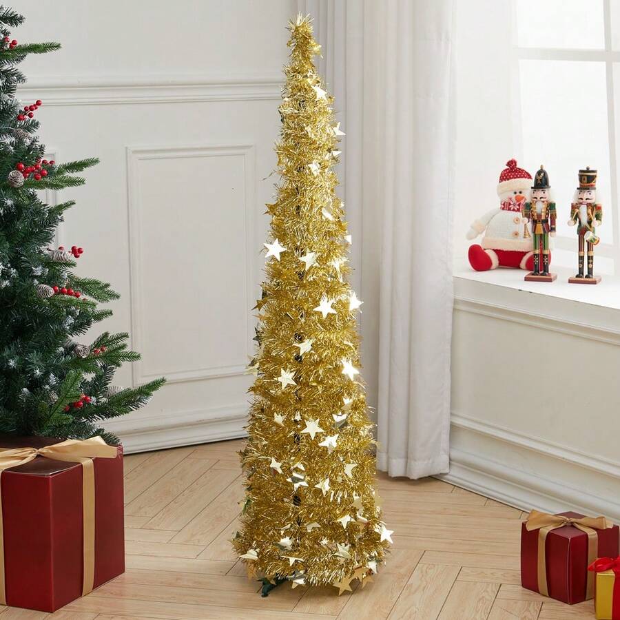 LIVINGANDHOME Living And Home Collapsible 1.2M Pop Up Tinsel Christmas Tree With Base,Christmas Decoration,Xmas Decor Tree - Gold - View 1