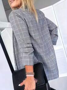 Women's Grey Plaid Woven Fabric Regular Fit Long Sleeve Blazer Jacket, Creating A Casual Chic Look