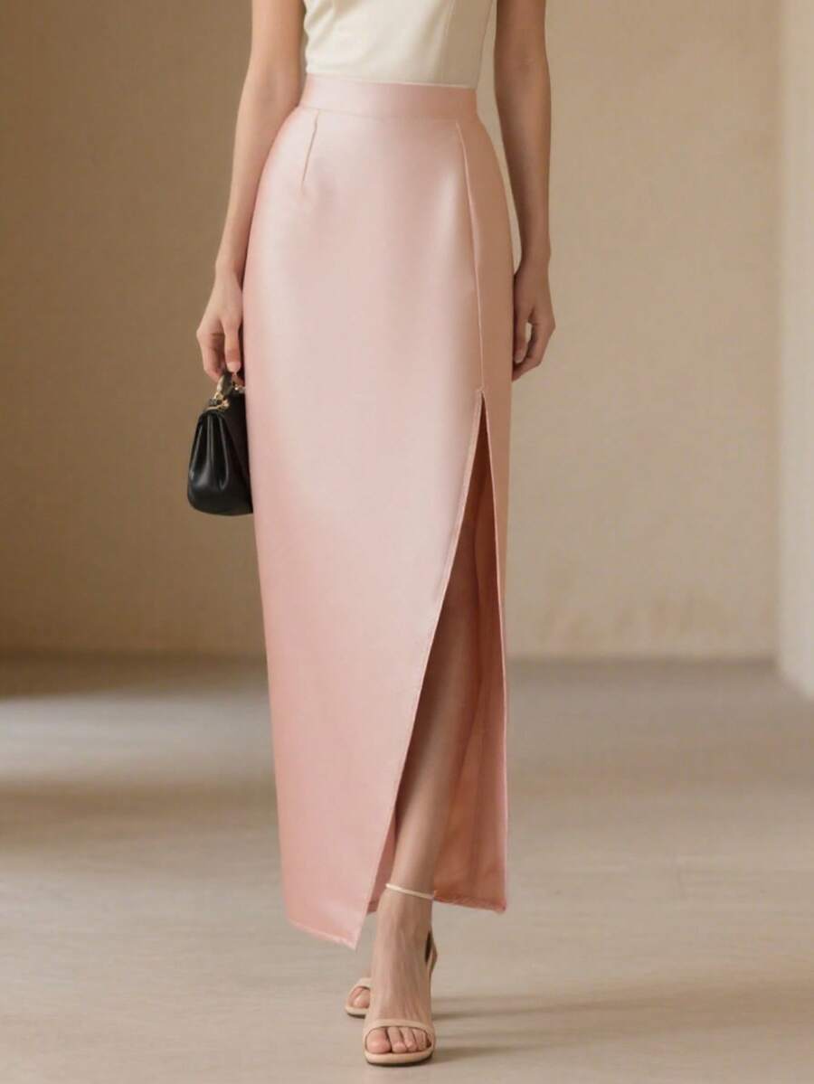 Amyenjoylife Moderne Filipiniana Kleidung Rock Elegant, Rosa geteilter Midi-Rock, Eleganter und stilvoller Damen Midi-Rock, Valentinstag Chic Rosa Rock - Pink - Übersicht 1