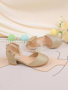 花童鞋适合婚礼、派对、节日，适合所有年龄段的女孩，儿童鞋，经典舒适百搭，金色简约珍珠闪亮高跟鞋，正式礼服、表演、芭蕾、玛丽珍、公主鞋 - 金色 - 查看 6