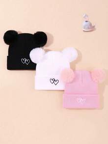 3 Pieces Set Of Solid-Color Warm Knitted Caps For Babies, Girls And Boys In Autumn And Winter, With Heart-Shaped Embroidery Design, Suitable For Warm Family Party Gifts For Babies