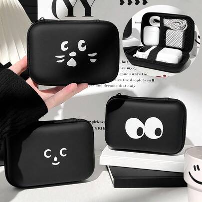 趣味表情 EVA 数据线收纳袋，便携式收纳盒，适用于充电器、数据线、USB 驱动器、硬盘和电脑外设、适配器、蓝牙耳机盒、旅行珠宝盒，一份绝佳的礼物