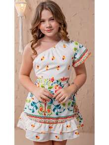 Girls' One-Shoulder Floral Print Romper With Ruffle - Modern, Stylish, Elegant And Comfortable Teen Clothing - Lilithor Kids Teen Fashion In Exclusive Prints White With Orange - Tropical Hibiscus And Beige - Enchanted Garden - Sizes 10, 12, 14 And 16 Years - Timeless Teen Girls' Short Romper For Spring And Summer - Sophisticated Youthful Look That Combines Beauty, Style, Charm And Freedom Of Movement - Ideal As Teen Clothing For Parties, Outings, Trips, Get-Togethers, Meetings With Friends, Family Events, Birthdays, Children's Day, Christmas, New Year's Eve And Special Moments - Lilithor Kids Floral Print Romper With Exclusive Design, Superior Comfort And Quality Finish - Modern, Chic And Charming Gift For Teens Who Love Youth Casual Fashion And Stylish Everyday Clothes - Trắng và Cam - Xem 2
