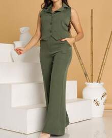 Elegant Tailored Vest And Wide-Leg Trousers Set - Green - View 2