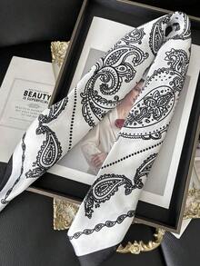 1pc 70*70cm Square Scarf Women Satin Bandana Print Bag Scarves Head Band Fashion Lady Hair Shawl Wrap Female Neckerchief Hijab - 黑白鏈 - 查看 3