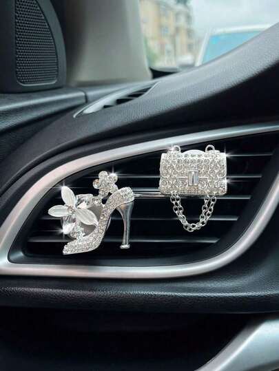 2 piezas Adorno para salida de aire de coche con diseño de tacón alto y bolso con decoración de rhinestone
