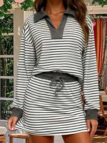 Women's Two Piece Outfit Fashionable Long Sleeve V Neck Striped Tops And Drawstring Skirt Set - Black - View 1