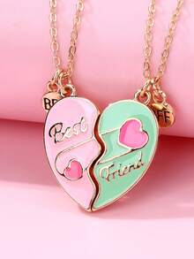2pcs/Set Heart Shaped Pendant Necklace, Suitable For School Wear, Delicate Adjustable, BFF Style, Party Accessories, Gift, Eternal Friendship - one-size - View 1
