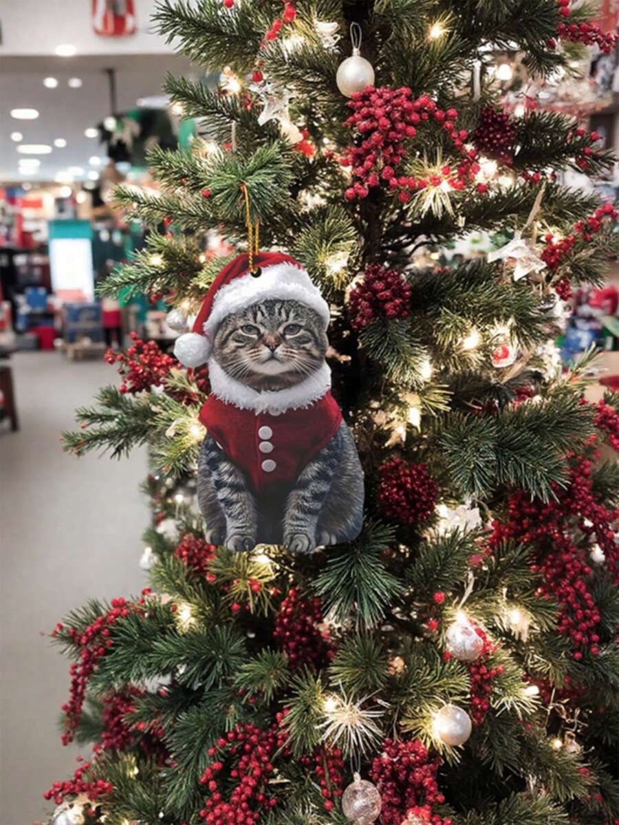 Ornement de Noël chat acrylique avec chapeau de Père Noël - Pendentif d'arbre thématique animal festif, décoration suspendue pour la maison, la voiture, les anniversaires, les fêtes, accessoire non électrique sans pile nécessaire - Multicolore - Voir 1