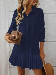 Women's Elegant Solid Color Pleated Collar Front Button Closure And Side Slit Shirt Dress Spring - Blue - View 6