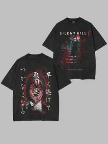 230g Washed To Make Old Cotton Printed T-Shirt, Retro Silent Hill F Printed T-Shirt, Fun Design, Outdoor Sports, Perfect Gift, Relaxed Street Style, Machine Washable, The Same For Men And Women, Outdoor Sports,  Pioneer. - 黑色 - 查看 1