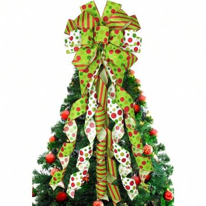 Christmas Tree Topper Bow Wreath, 44 X 13 Inches Large Bow Tree Topper, Glitter Red And Green Christmas Wreath For Tree Indoor Outdoor Christmas Decoration Christmas Decorations Home Christmas Gifts Christmas Decor