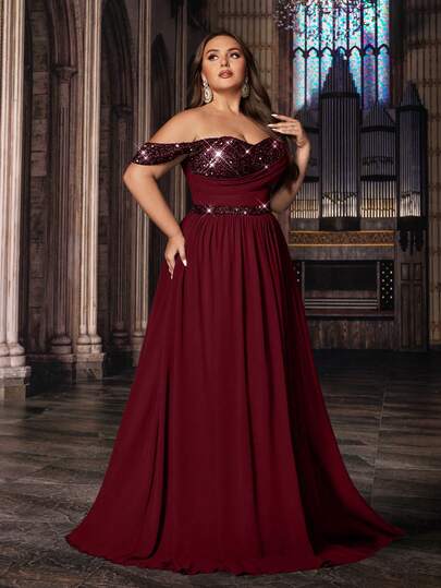 Plus Size Elegant Solid Color Chiffon Sequin Patchwork Strapless Slit Maxi Dress Wedding Spring Party
