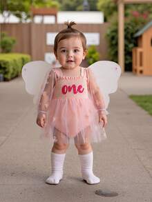 Fairy 1st Birthday Girl Outfit Tie-Up Tull Romper Dress With Butterfly Wings Cake Smash Photo Shoot Clothes - 粉色 - 查看 3