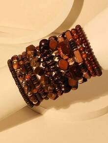 12pcs/Set Bohemian Style Brown Beaded Bracelets, Suitable For Women Vacation, Beach & Daily Wear - S-394 Hình chữ nhật lớn hai màu - Xem 13