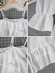 秋季女士波尔卡圆点不对称露肩衬衫，法式复古荷叶边露肩长袖衬衫 - 白色 - 查看 6