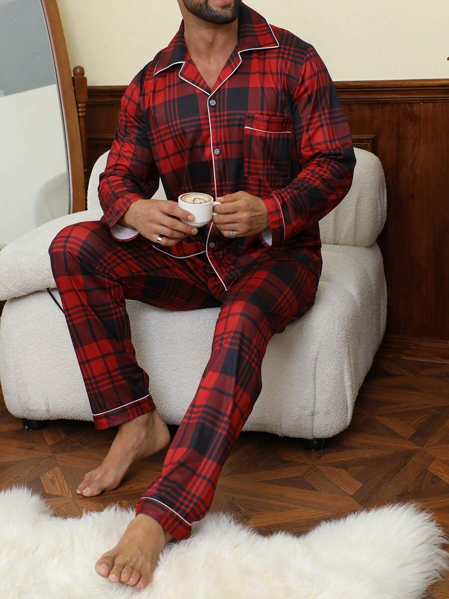 男士睡衣套装(两件套),红色格子数码印花,柔软舒适的长袖纽扣上衣和松紧腰长裤,时尚秋冬睡衣,新年礼物 - 酒紅色 - 查看 1