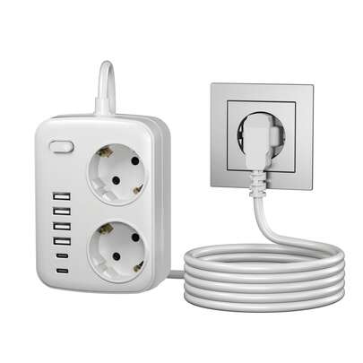 8-i-1 överspänningsskyddande grenuttag med USB-port, 2 AC-uttag, 4 USB-A-portar, 2 typ-C, på/av-brytare, 100-250V driftspänningsuttag för hem, kontor och laddningsstation för resor