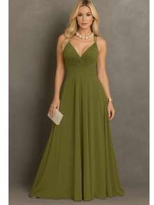 Long Dress For Bridesmaid Cheap Princess Tank Top For Women Graduation Event Guests - Verde Oliva - Ver 1
