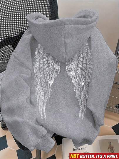 Sudadera hoodie dama mujer gorro capucha manga larga algodón bolsa canguro suave puños rib acanalados casual aesthetic casa diario frío moderna juvenil cómoda calientita estampado alas ángel espalada grandes