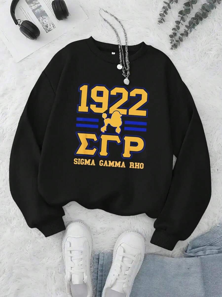 Women's Sigma Gamma Rho Sorority Sweatshirt - 1922 Greek Letters & ΣΓΡΦ Logo, Pink & Golden Casual Long Sleeve Round Neck Sweater, Greek Life Apparel For Sorority Sisters, Machine Washable Winter Warmth - 黑色 - 查看 1