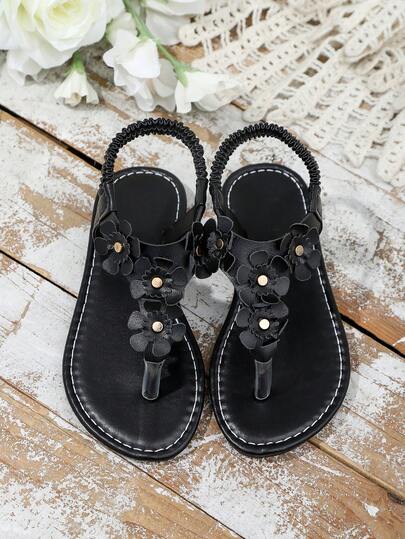 儿童人字拖凉鞋，黑色花朵装饰女童凉鞋，松紧后绑带公主凉鞋，夏季日常穿着儿童鞋