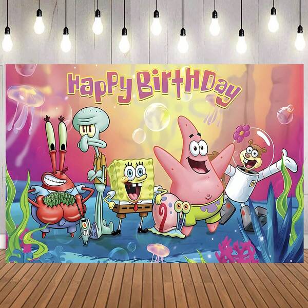 SPONGEBOB Toile de fond d'anniversaire thématique Bob l'éponge. Il y a des personnages de Bob l'éponge tels que Bob l'éponge, Patrick Étoile, M. Krabs, Squidward Tentacules et Sandy Joues dans l'image, aves mots "Happy Birthday" imprimés dessus. Il peut être utilisé pour les décorations de fête d'anniversaire thématique Bob l'éponge, les fonds photographiques et d'autres scènes. Diverses tailles sont disponibles.