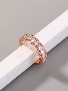 Nooxian 1pc Rose Gold Color Rhinestone Decor Openable Chain Copper Ring, Engagement Rings For Women