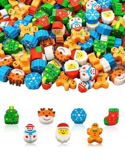 100 piezas - Borradores miniatura de Navidad, perfectos para niños, vendidos a granel. Borradores de novedad adorables con formas de borradores de lápiz que presentan a Papá Noel, muñecos de nieve y calcetines. Ideal como recuerdos de fiesta de Navidad o recompensas por trabajos escolares en casa. Excelente para llenar los calcetines de Navidad (extremadamente pequeño, no compre si el tamaño es una preocupación).