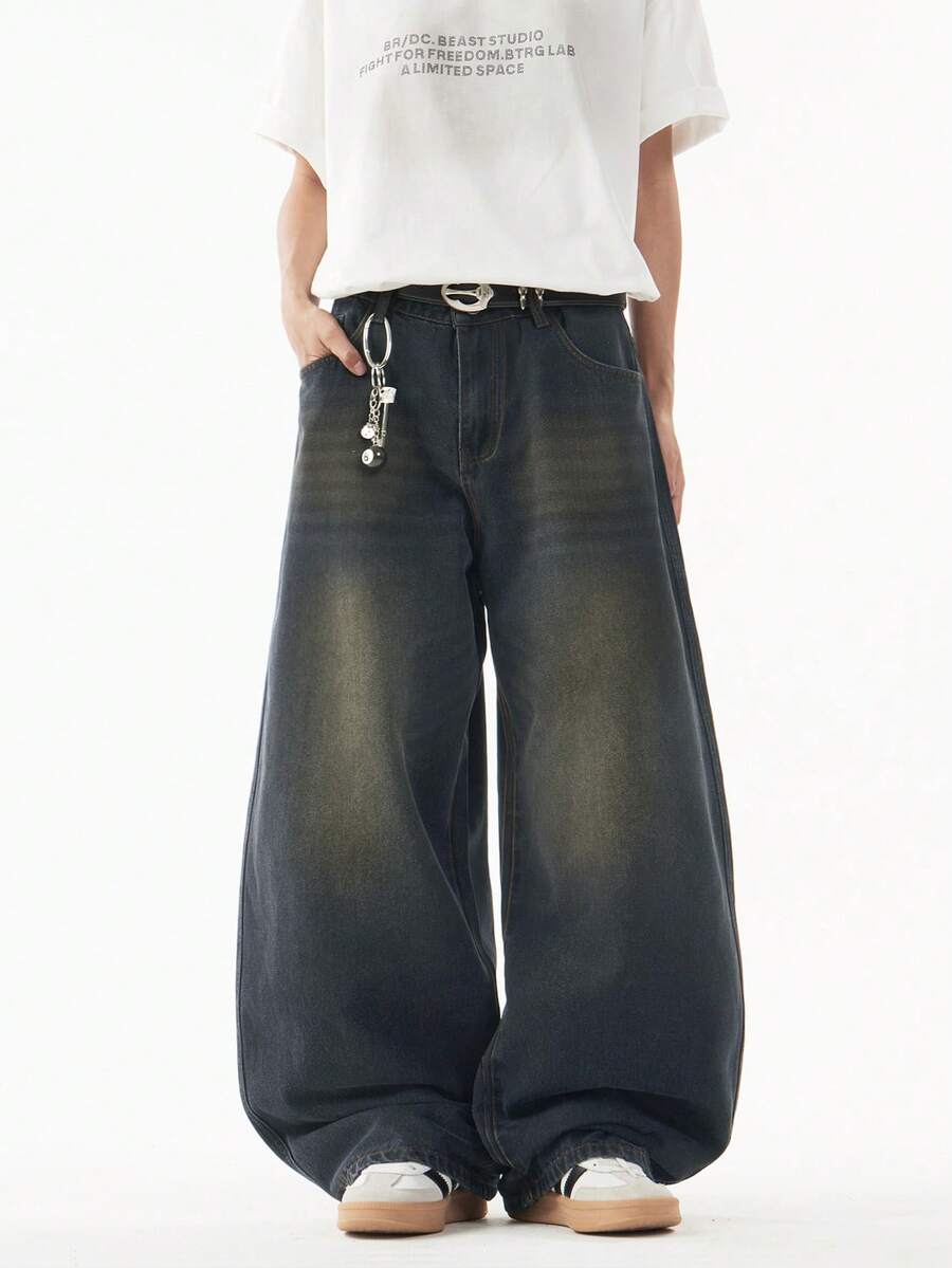 1pc Justice Brother Casual Versatile Couple Distressed Vintage Washed Loose Fit Wide Leg Jeans - Champagne - View 1