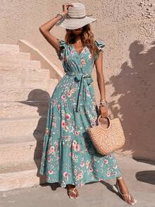 Vestido de mujer Largo Casual con estampado floral, Cintura con Cordón, Mangas Mariposa - Verde - Ver 3