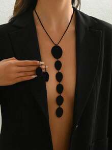 2pcs Gold Metallic Geometric Asymmetrical Ellipse Pendant Necklace & Earrings Set, Exaggerated Extra Long Chain Necklace, Personalized Fashion Jewelry Set, Snake Bone Chain Y-Necklace, For Party, Formal Dress Accessories - 黑色 - 查看 6