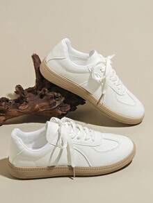 Zapatillas Deportivas Casuales para Mujer con Suela Antideslizante y Plataforma Baja, Tenis Blancos de Punta Redonda Estilo Retro, Zapatos Cómodos e Impermeables para Todas las Estaciones - Blanco - Ver 1