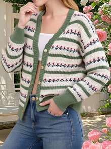 Women Knit Cardigan Long Sleeve Button Closure Flower Fall Casual Jacket Sweater - Green - View 8