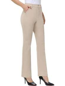 Women's Stretchy Straight Leg Dress Work Pants Business Office Casual Slacks With Pockets, Style - Pale Khaki - View 12