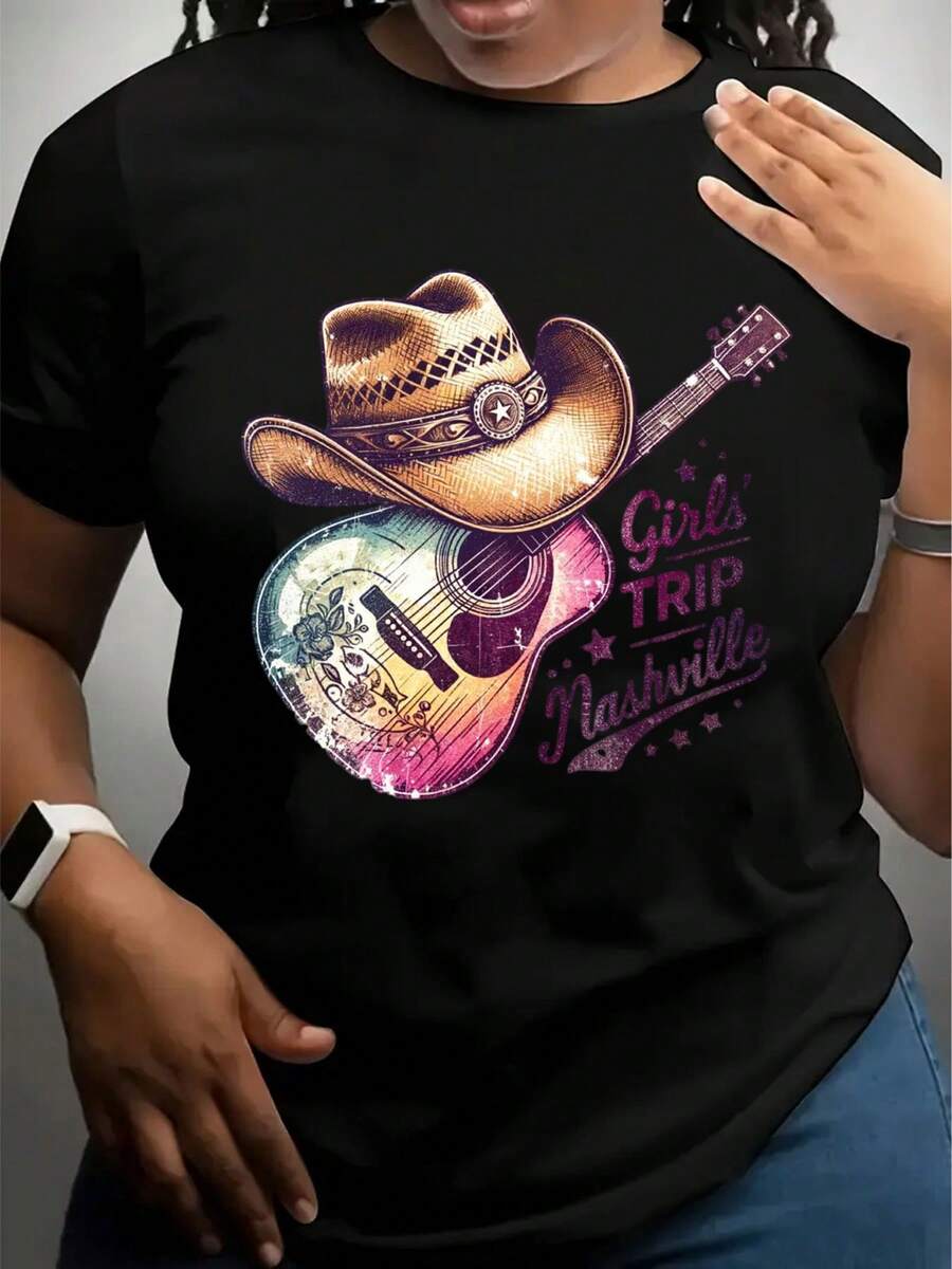 Girls Trip Nashville Country Music Guitar Hat Women's T-Shirt For Nashville Vacation, Country Festival, Bachelorette Party, Or Weekend Getaway – Fun Western Theme Tee For Female Travelers And Music Lovers - màu đen - Xem 1