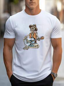 Summer Bestsellers Men's Graphic T-Shirt - Black Guitar And Mexican Hat Skull Design Short Sleeve Shirt - Lightweight Breathable Fabric, Suitable For Fitness, Running, Casual Wear - Machine Washable Daily Street Style Top, Fashionable Sports Gear, Durable Material, Youth Style Supple - 白色 - 查看 12