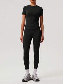 Sodalemon Women Sport Sets Solid Color T-Shirt No Front Seam Classic Design Yoga Leggings Outdoor Run Training Fitness Set - 黑色 - 查看 5