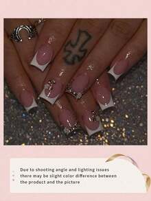 24pcs Rectangle Press-On Nails, White French Manicure With Rhinestone Decor, Elegant Full Coverage, Suitable For Women & Girls Summer Nails, Daily Wear, Nail Art Supplies - 白色 2 - 查看 12