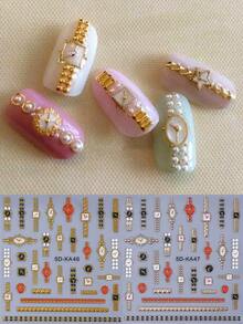 2 miếng dán móng tay họa tiết đồng hồ cổ điển dập nổi, hình đồng hồ vàng hồng 5D dập nổi tự dính, đồ trang trí móng tay tự làm tại nhà cho tiệm nail. - Nhiều màu - Xem 3