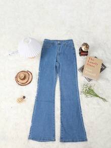 Y2K 复古优雅喇叭牛仔裤，高弹力侧袋猫须牛仔裤，休闲办公户外商务秋季女装 - 藍色 - 查看 5