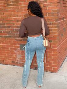 Steph T Camiseta corta de un solo color, ropa de otoño, tops con estilo universitario de manga larga para mujer