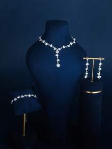 优雅新娘婚礼首饰套装，经典项链、耳环、手链、戒指四件套，适合日常、派对、活动佩戴，情人节配饰。 - 白色+1 - 查看 2